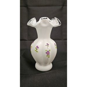 Fenton Violets in the Snow Ruffle Melon Vase Signed